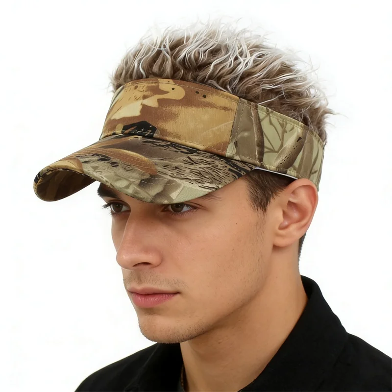 Blattbedruckte Perückenmütze mit Spikes für Herren – Golf-Baseballkappe, Outdoor-Sonnenschutz, synthetische Kurzhaarperücke, UV-Schutz-Visier – Detail 9