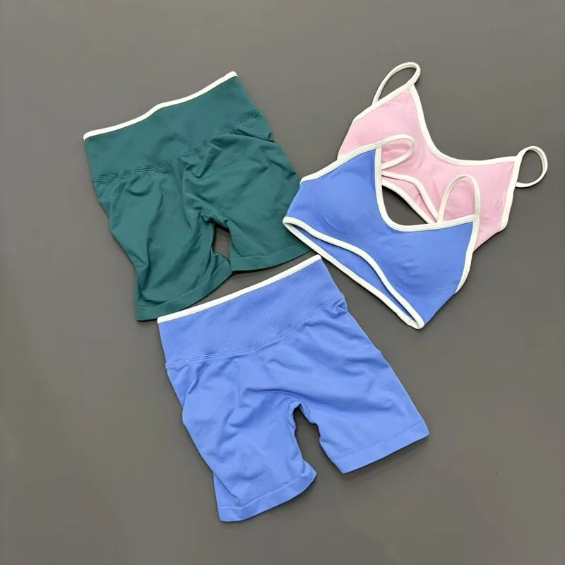 2Piece Seamless Contrast Trim Sports Set Women Strappy Backless Yoga Bra Scrunch Butt Shorts Gym Workout Pilates Fitness Sets