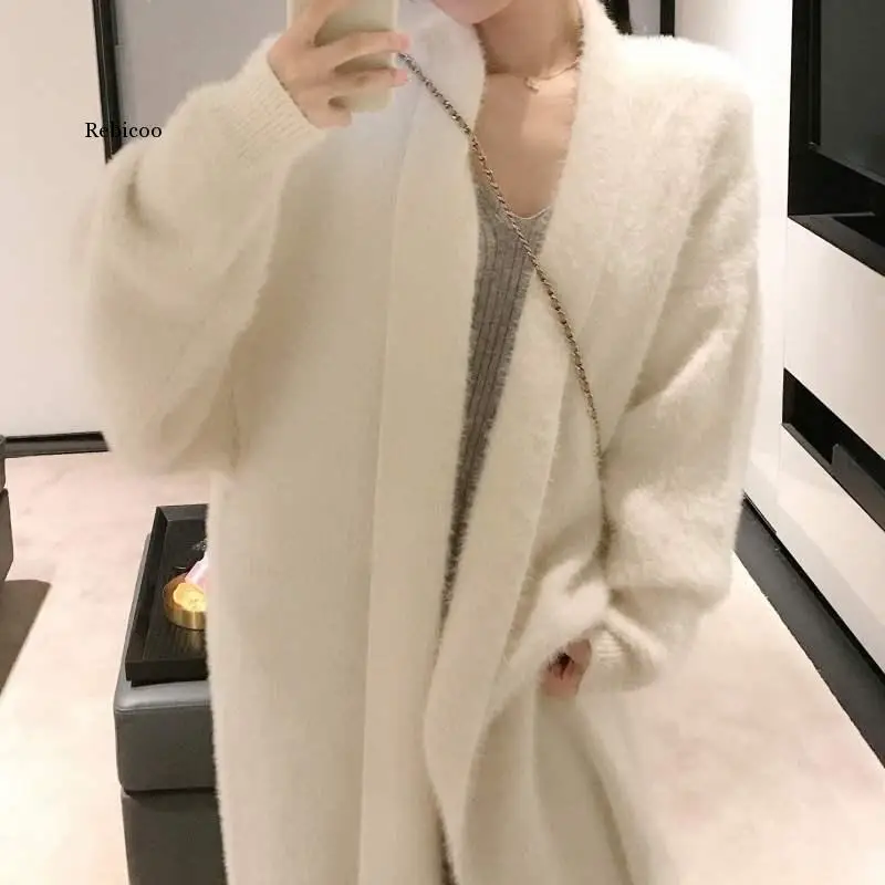 Autumn winter NEW lazy wind white mink cashmere knitted cardigan long loose sweater coat female thickened