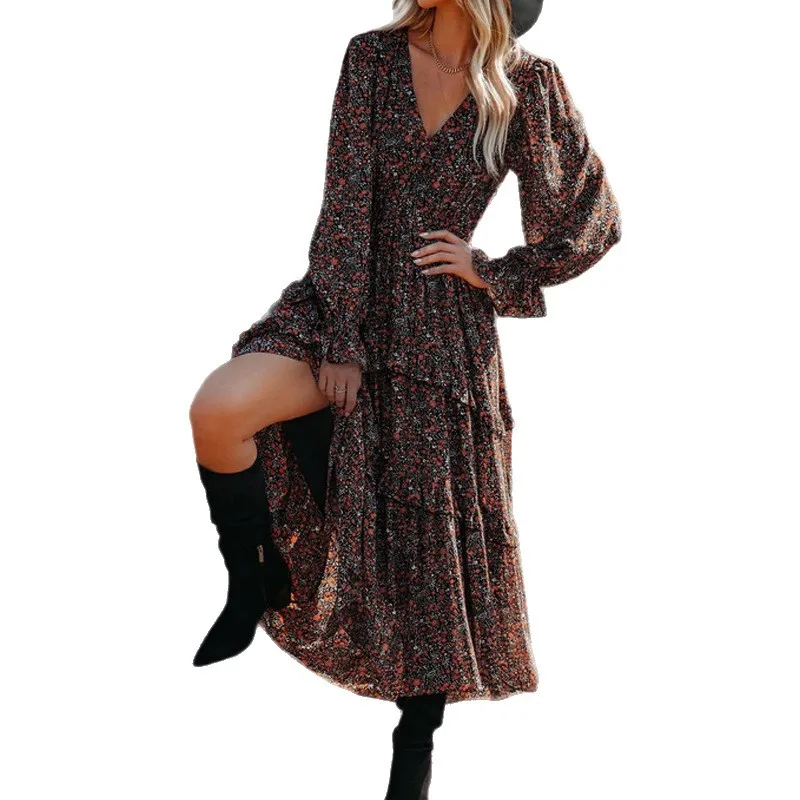 Vintage Printed Women's Dresses French Shirt Fashion A-line Summer V-neck Spring/Summer Casual Clothing Long-sleeved Women Dress