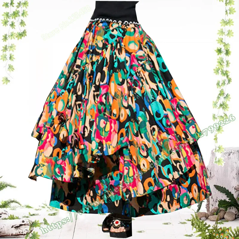 

2023 Autumn and Winter New Women's Printed Cotton and Hemp Pleated Asymmetrical Maxi Long Female Skirt Harajuku with Irregular