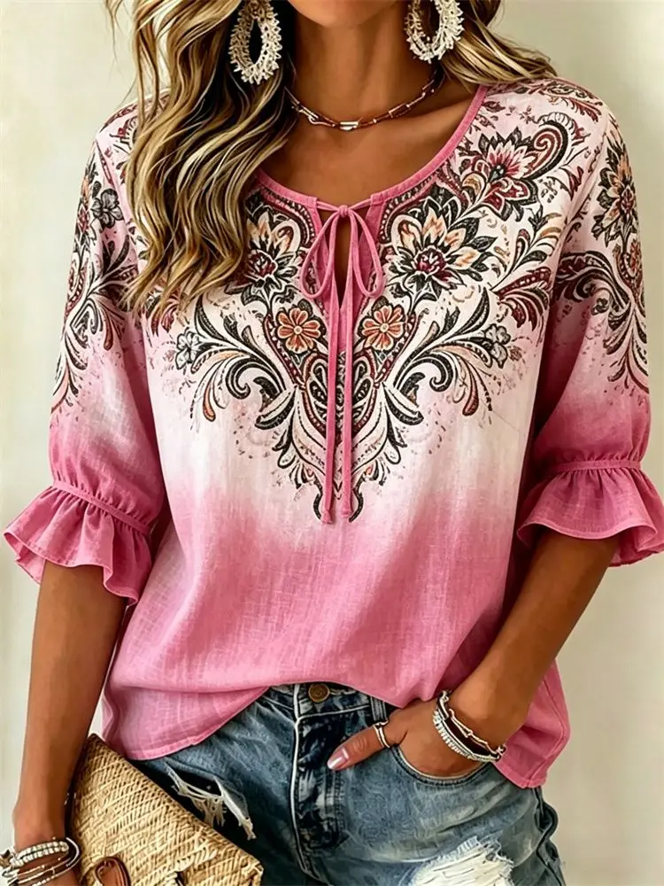 Image of Damen-Bluse mit Ombre-Blumenmuster und Bindekragen in Rosa, Lässige Lockere Oberteile für Frühling, Sommer, Alltag und Urlaub