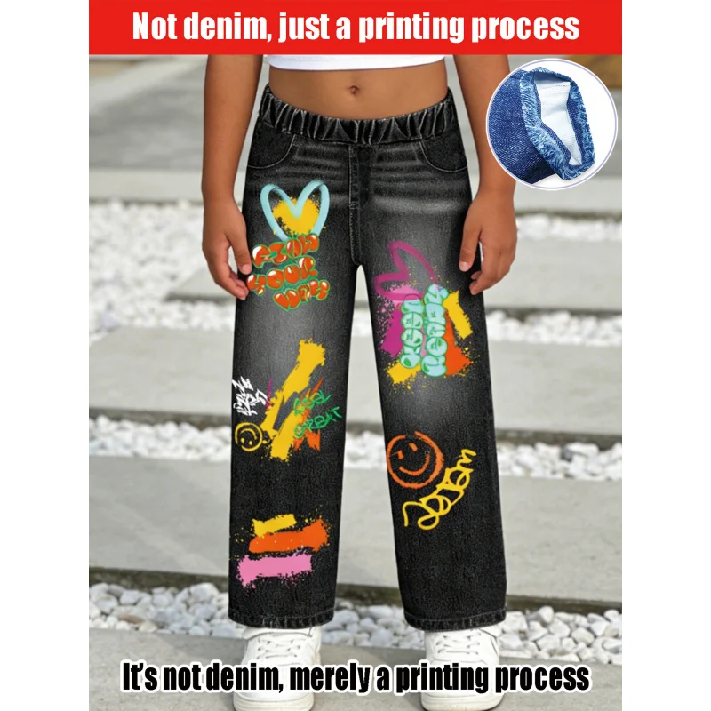 

2026Детские черные широкие брюки из искусственной денима с цветом граффити