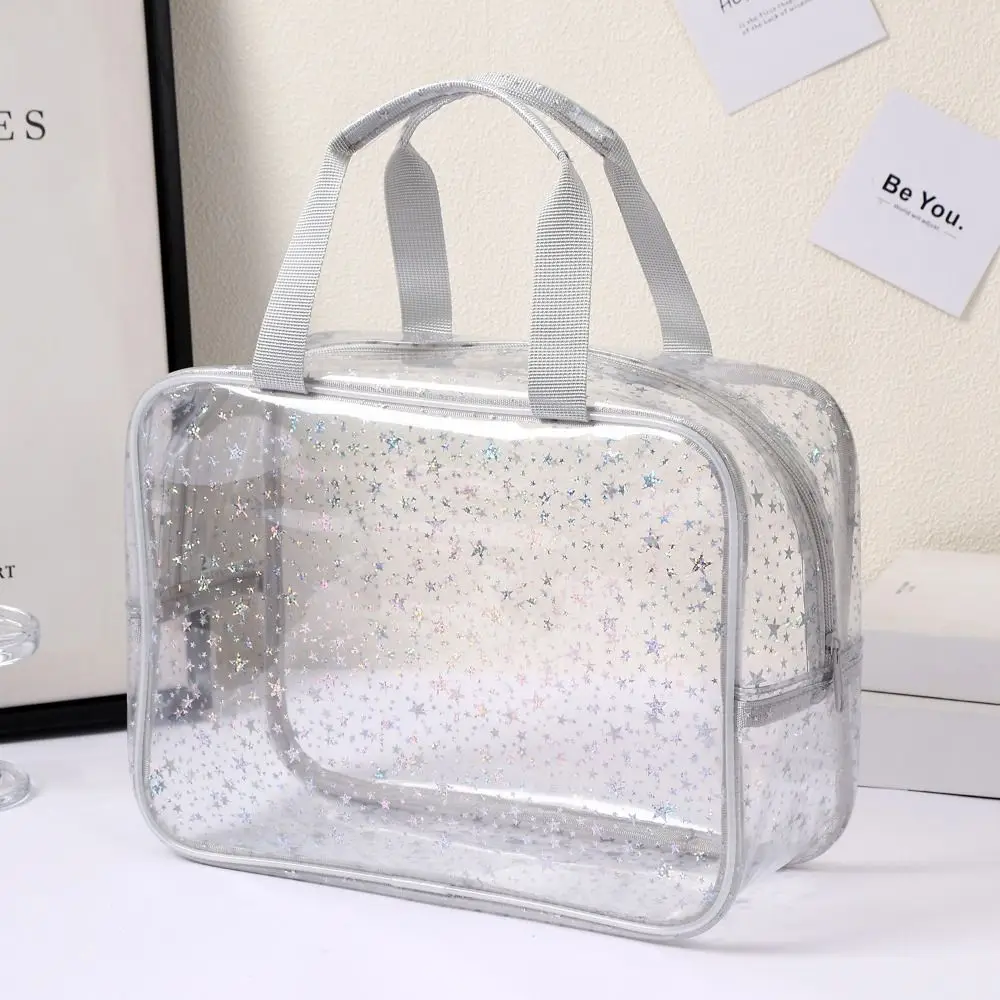 PVC Waterproof Transparent Makeup Bag Stars pattern with Handle Women's Washbag Smooth zipper Glitter Travel Beauty Organizer