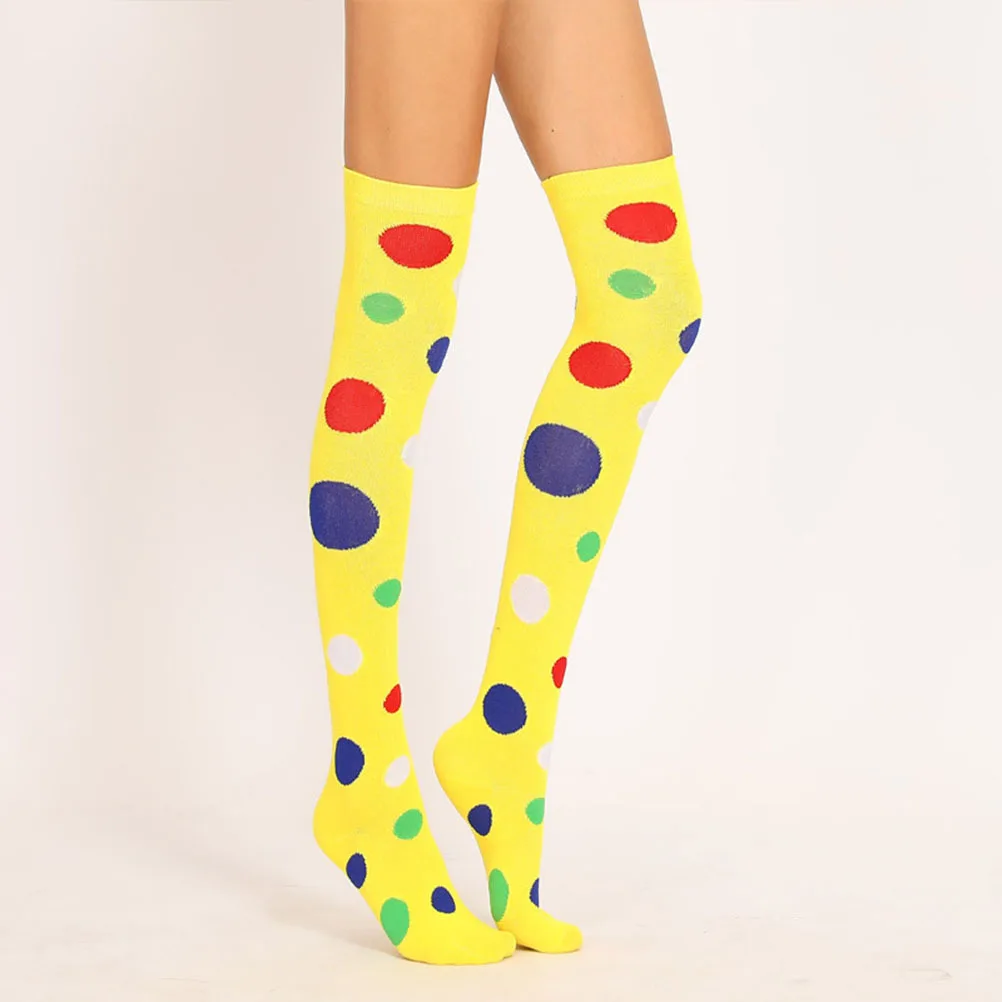 

1Pair Yellow Over The Knee Socks Dot Print High Stretch Clown Cosplay Stockings Breathable Long Dress Socks for Costume Party