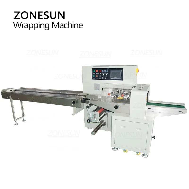 ZONESUN Horizontal Wrapping Packaging Machine Mask Biscuit Cake Candy Food Plastic Bag Pouch Sealing Machine Production Line
