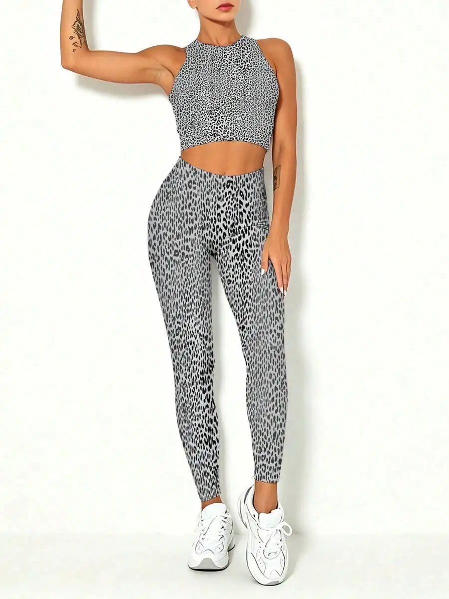 

Women Gray Leopard Print Yoga Set Quick Dry Vest And High Waist Leggings Casual Activewear