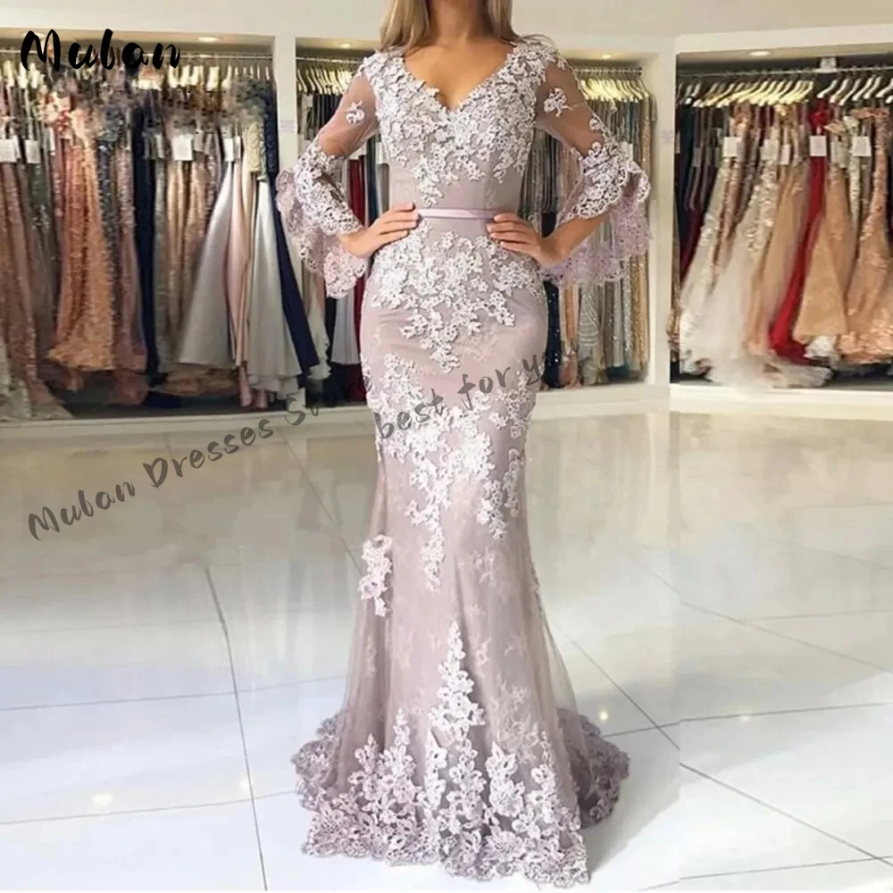 

Gorgeous Mermaid Evening Dresses Long Sleeve Elegant V- Neck Lace Appliqued Beaded Prom Gowns vestidos de fiesta de noche