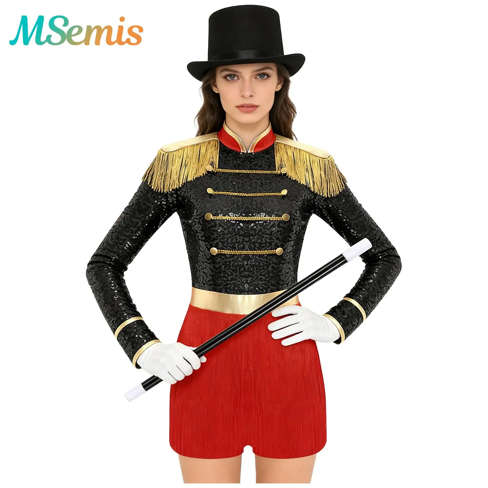 

Womens Magician Circus Ringmaster Majorette Cosplay Costume Drummer Marching Band Uniform Fringe Bodysuit with Gloves Hat Wand