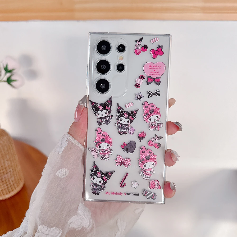 Fashion Cute Cartoon Sanrio Kuromi My Melody Transparent Phone Case For Samsung Galaxy S26 25 24 23 Ultra Puls Soft TPU Cover
