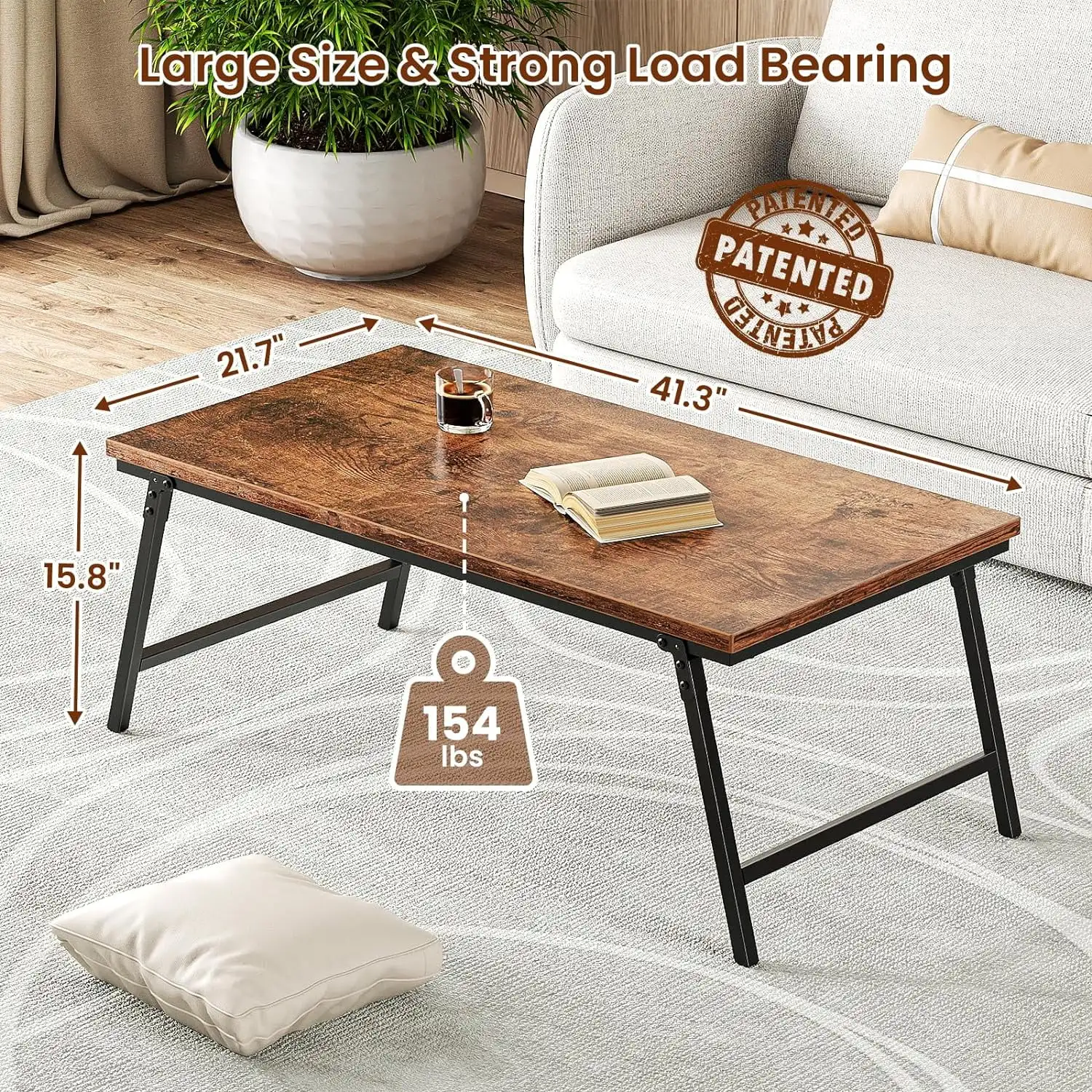 No Assembly Folding Coffee Table, Leg Latches Portable Sturdy Floor Table Desk for Sitting on the Floor, Low Coffee Table for Living Room, Home, Office, Rustic Brown, 41.34