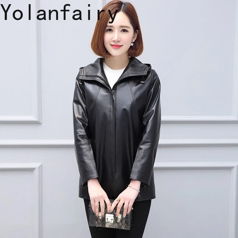 YOLANFAIRY Vera pelle di pecora Genuino Giacca di Pelle Delle Donne di Autunno della Molla Con Cappuccio Giubbotti di Pelle Donna Chaquetas De Cuero Para Mujer