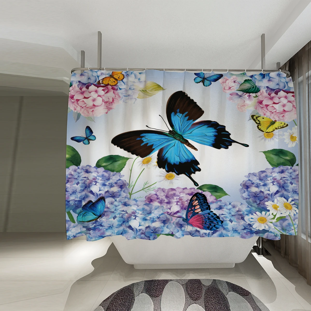 Blue Butterflies and Flowers Shower Curtain Gift Modern Home Bathroom Decoration with 12 Hooks