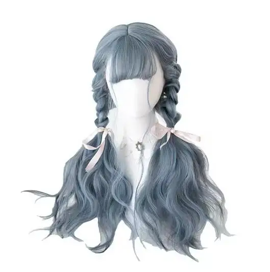 wig Long Blue Mix Grey Lolita Wigs Dusty Blue Wavy Harajuku Cosplay Wig Heat Resistant Synthetic Hair Halloween