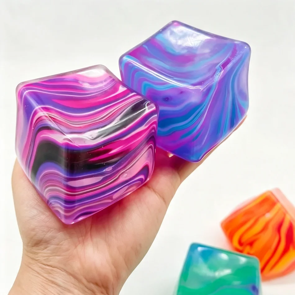 4Pcs Marble Swirl Cube Squishy Fidget Toy Soft Squeeze Stress Relief Sensory Toy Kids Party Bag Fillers Gift Set