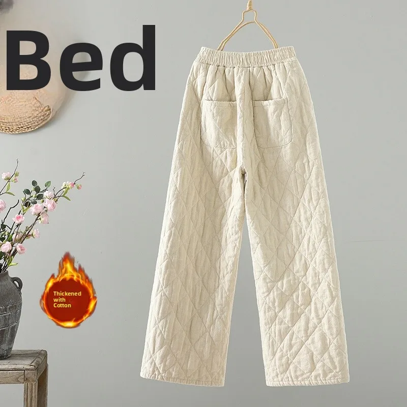 Warme Baumwoll-Leinen-Hose mit elastischem Bund, weites Bein, Rautenmuster, Winter, neue SLE-Hose in Übergröße für Damen mit lockerer Passform