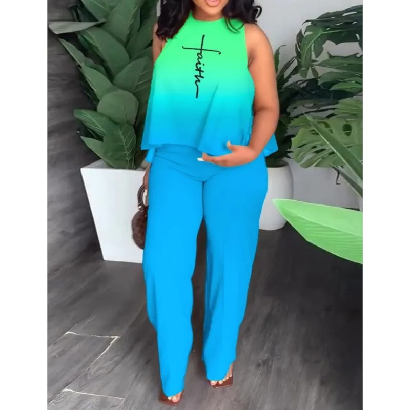 Women's Fashion Printed Two Piece Sets Summer O Neck Sleeveless Shirt & Wide Leg Pants 2pcs Set Elegant Female Casual Suit Cloth