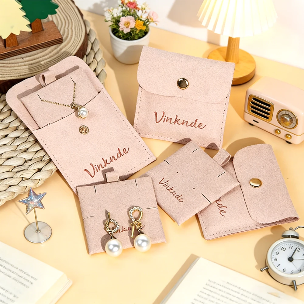 

20/50/100Set Custom Logo Jewelry Microfiber Snap Bag 8x8cm Button Pouch Insert 6x6cm Earring Stud Pad Necklace Card Ring Pouches