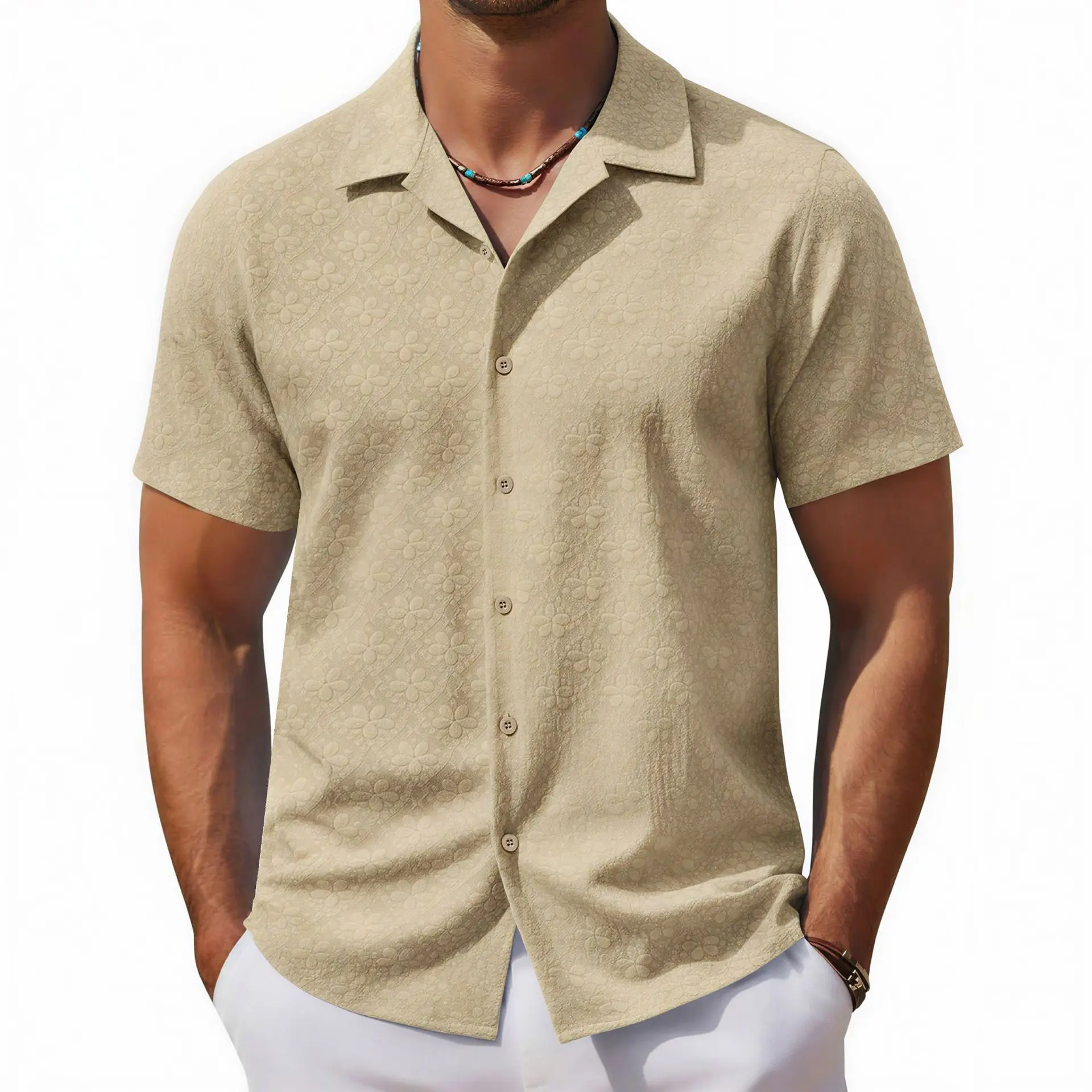 

American Vintage New Fashion Men's Khaki Solid Color Casual Loose Cuban Collar Short Sleeve Single-breasted Shirts Male Clothes