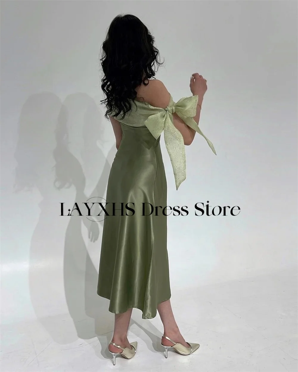 LAYXHS Exquisite schulterfreie Abendkleider, A-Linie, glänzende Schleife, knielang, für Damen, Party-Abschlussball-Kleider, individuell gestaltet
