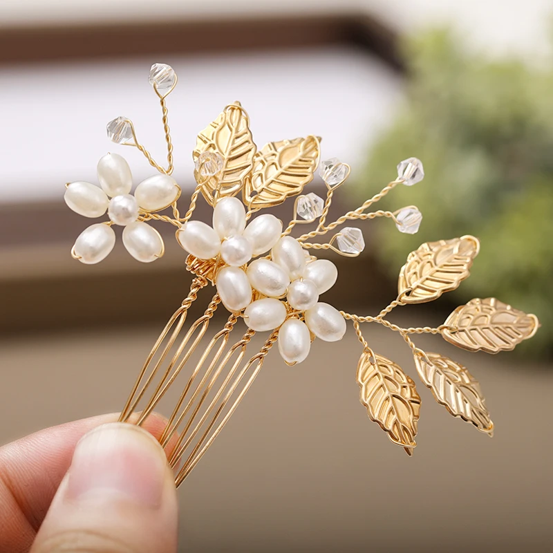 Pearl Leaf Hair Comb 2 Pcs/Set Women Accessories Hair Ornament Bride Hair Accessories For Women Wedding Head Jewelry Decoration image 5