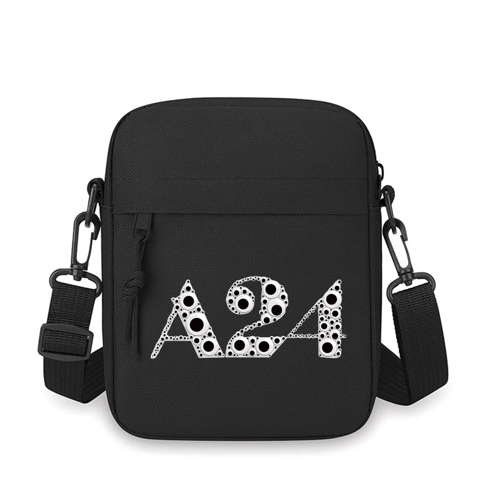 

White bubbles circles A24 letters design Men Crossbody Bag Single Shoulder Women Cartoon Anime Film Printing Design Unisex