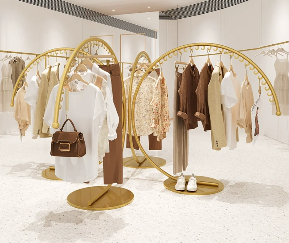 

Clothing display rack, golden children's clothing floor standing display, hanging clothes rack, women's clothing store shelf