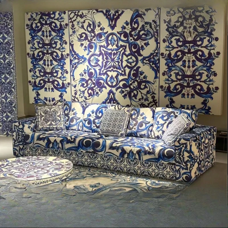 

Art blue and white porcelain fabric combination sofa designer villa living room high-end multi-person sofa chair