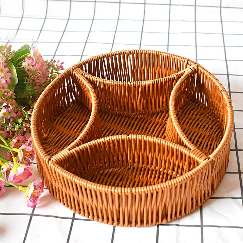 Imitation Rattan Woven Basket Snack Basket Reinforced Storage Basket Bread Basket Fruit Tray Round Three-cell Display Basket