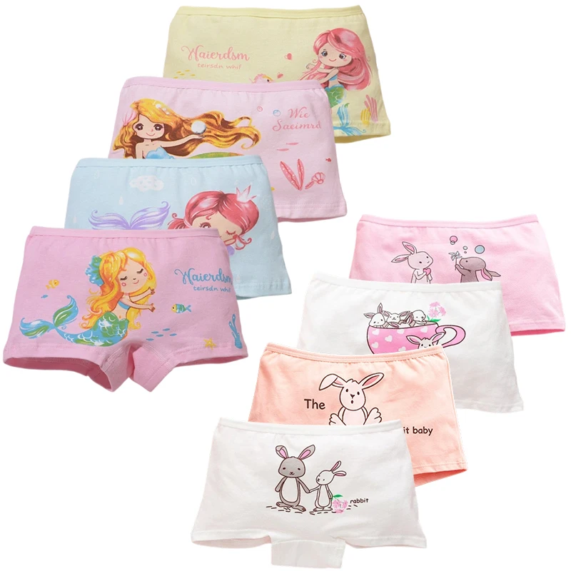 4-Piece Premium Cotton Girls Panties Beautiful Mermaid Pretty Rabbit Cartoon Children Boxer Shorts Soft Toddlers Girls Underwear