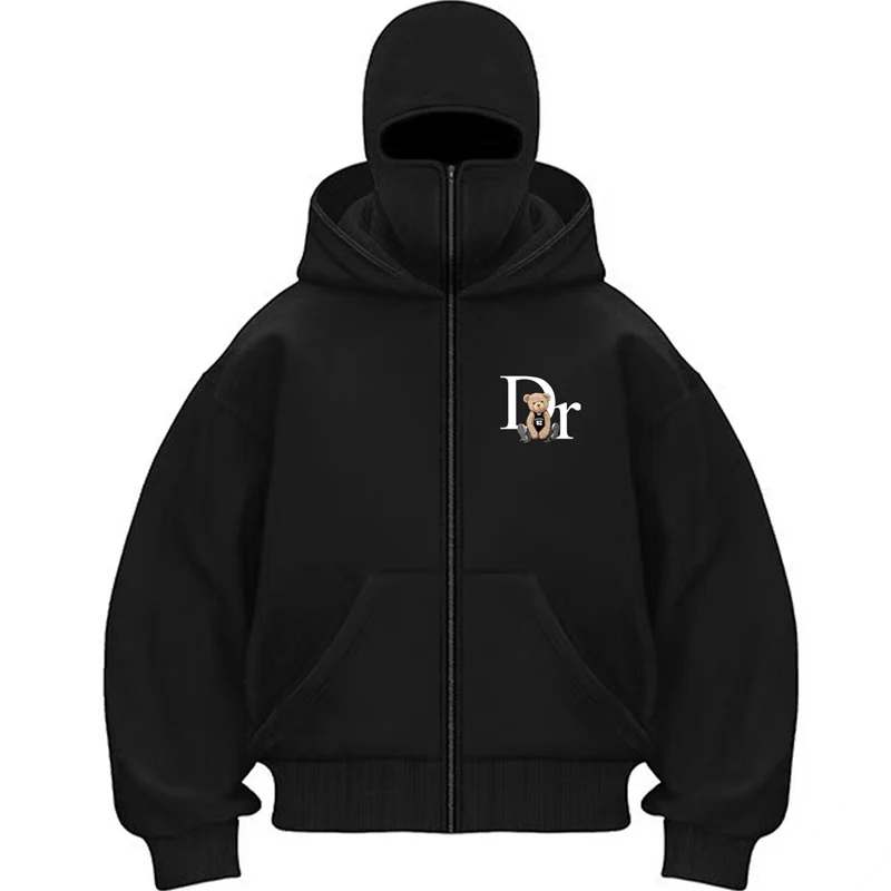 

2026 Winter Men's Warm Zip Hoodie Print Casual Sweatshirt with Face Mask Hood Zipper Sports Jacket for Outdoor & Daily Wear