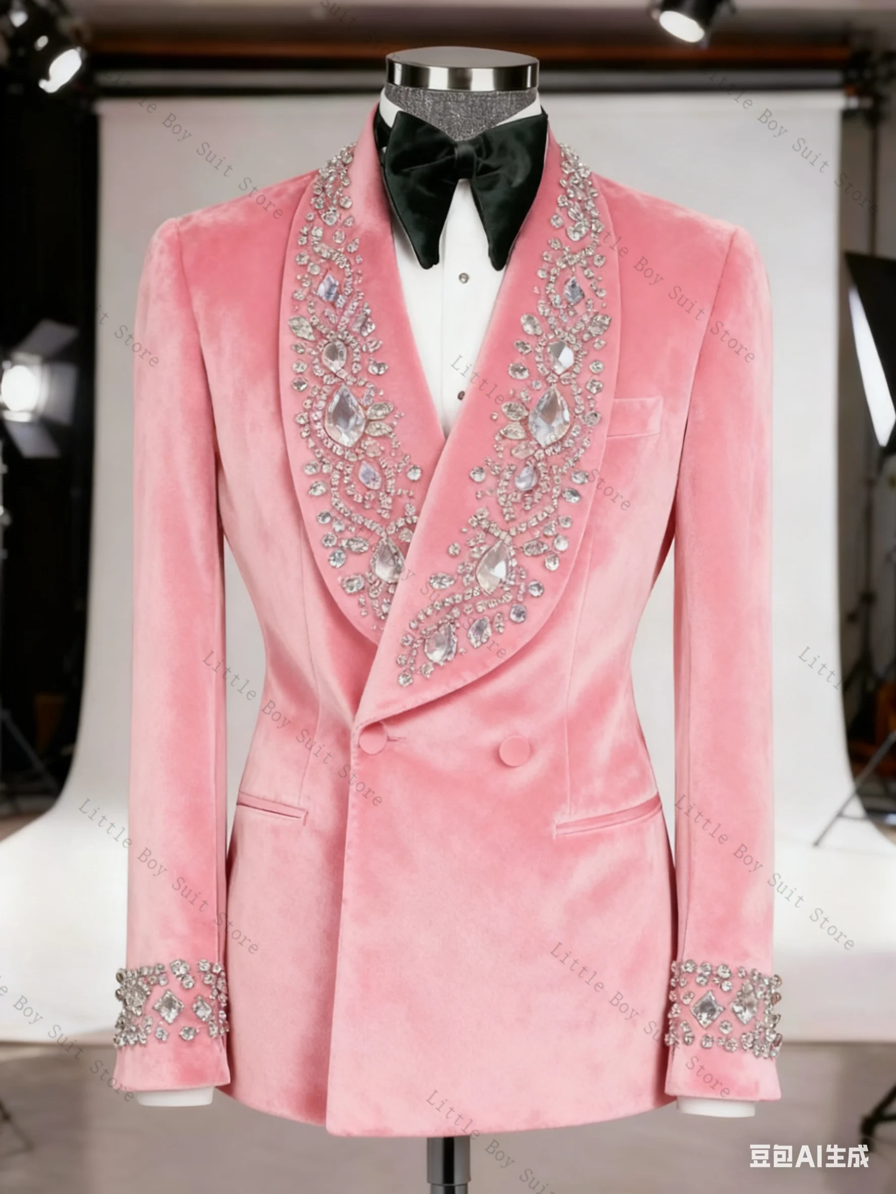 

Velvet Crystals Luxury Men Suit Set 2 Piece Wedding Jacket Blazer Cotton Pant Formal Office Business Party Coat Customized