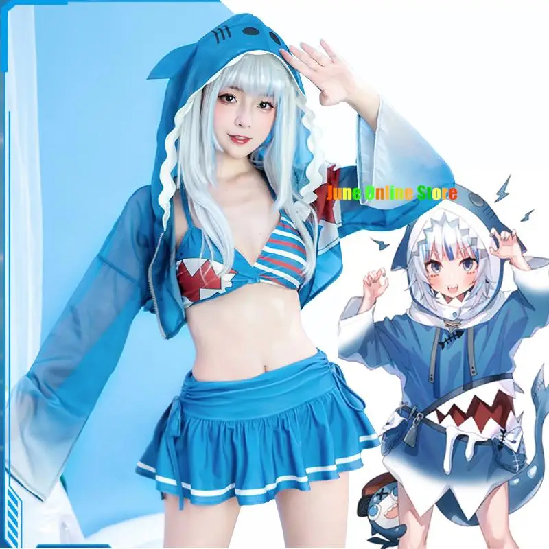 Женский костюм для косплея VTuber Hololive Gawr Gura, женский купальник с париком, костюм для плавания в стиле аниме на Хэллоуин, женский пляжный купальный костюм, одежда для плавания