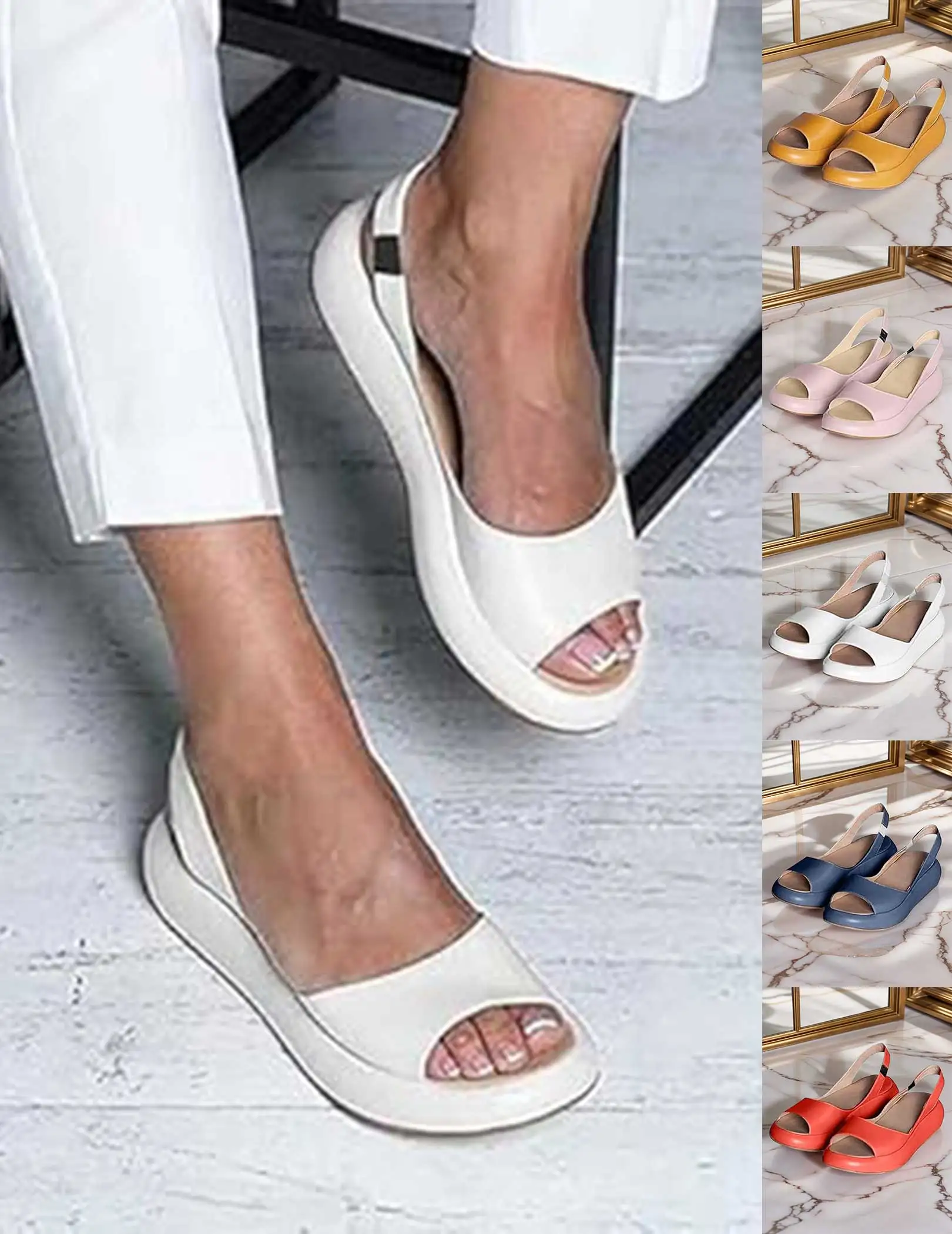 Женские босоножки на танкетке, сандалии с открытым носком, сандалии без шнуровки с эластичным ремешком сзади, удобные повседневные прогулочные сандалии для всех форм ног