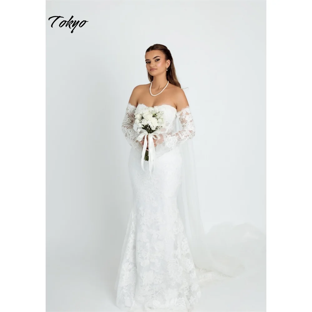 도쿄 맞춤형 화이트 오프 숄더 웨딩 드레스 레이스 긴 소매 신부 베일 섹시한 인어 코트 트레인 웨딩 드레스