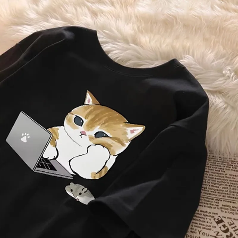 Cartoon Anime Working Cat Print Couple Short Sleeved Round Neck T-shirt Summer Loose Casual Women's Top
