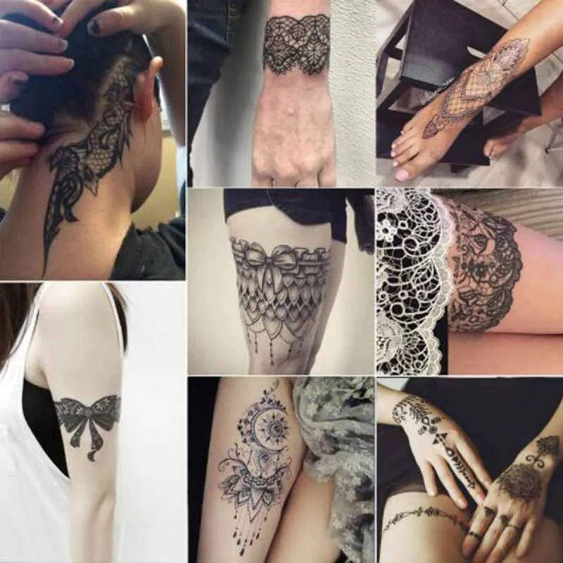 Black Henna Tattoo Stickers Women Sexy Water Transfer Body Art Fake Tattoos Nightclub Makeup Party Lace Tattoo Decals Semi Tatto