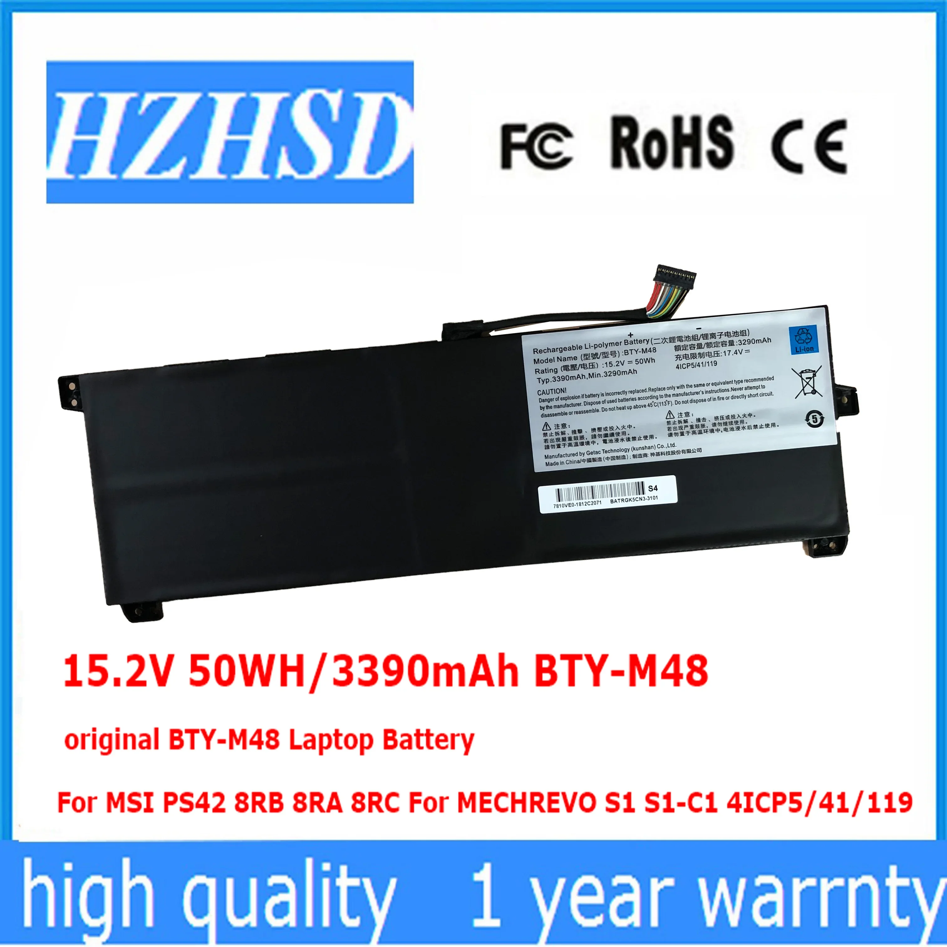 15.2V 50WH/3390mAh original BTY-M48 Laptop Battery For MSI PS42 8RB 8RA 8RC For MECHREVO S1 S1-C1 4ICP5/41/119