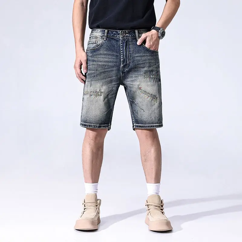 

JXN1067 retro broken holes denim shorts men's summer thin section of washed and scraped to do the old five-point casual trousers