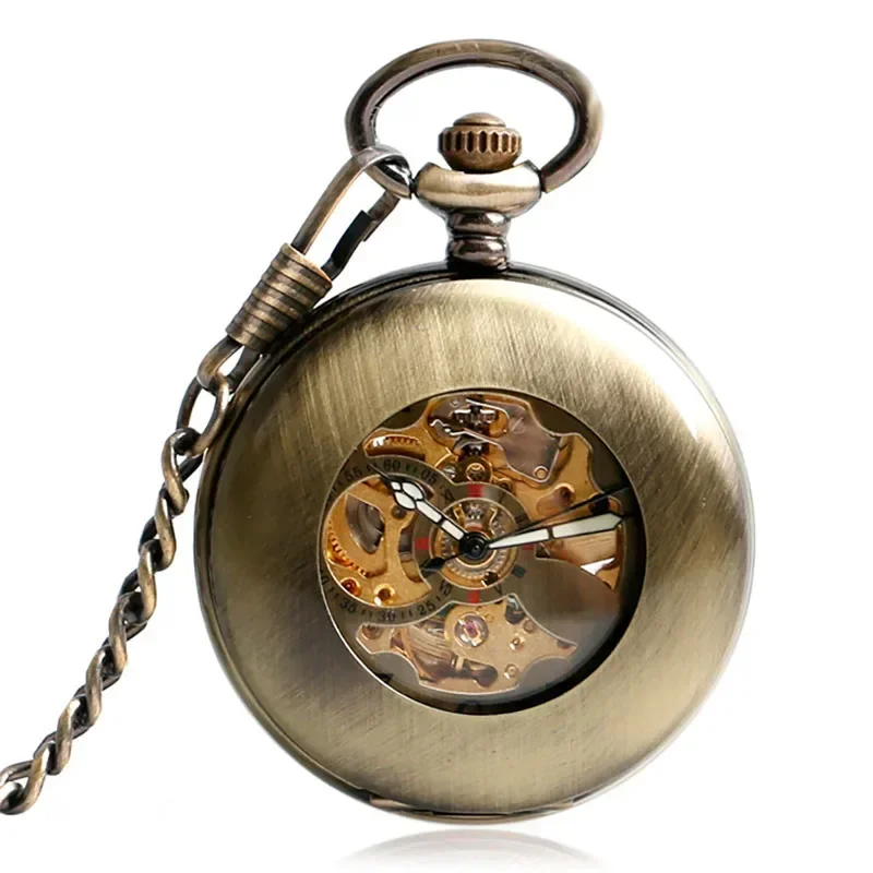 Antique Retro Skeleton Automatic Mechancial Pocket Watch for Men Women Arabic Numbers FOB Chain Luminous Hands Relgio de bolso