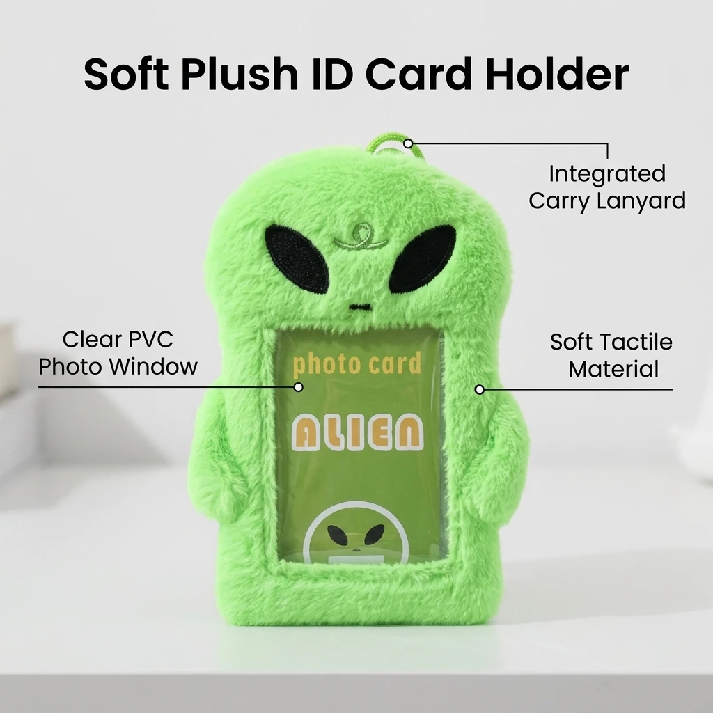 School Bus Card Plush Cartoon Holder Students Fluffy Alien Shape ID Case with Lanyard Cute Animal Badge Photo Protection Pendant view 2