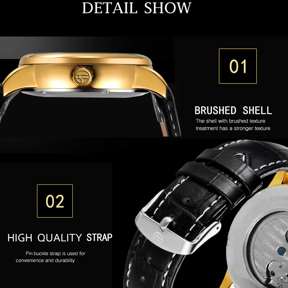 ساعة FORSINING Fashion Moon Phase Design الفاخرة للرجال أوتوماتيكية هيكل عظمي ميكانيكية توربيون بحزام جلدي ساعة يد للأعمال