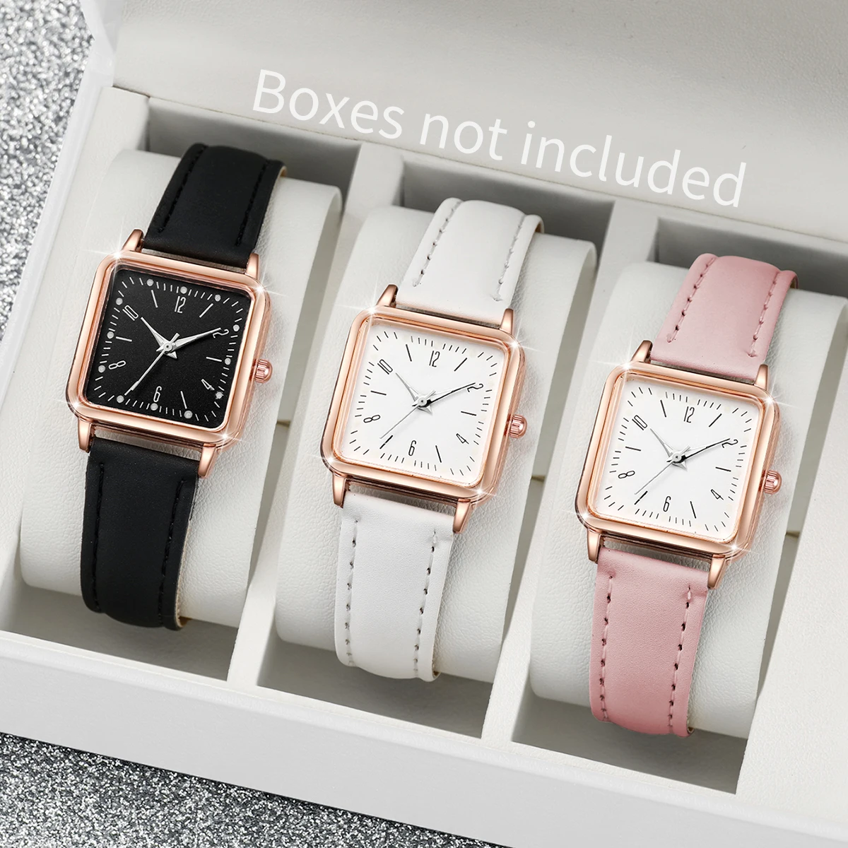 3PCs/Set Women\'s Fashion Watch Square Simple Dial Leather Quartz Watch Set