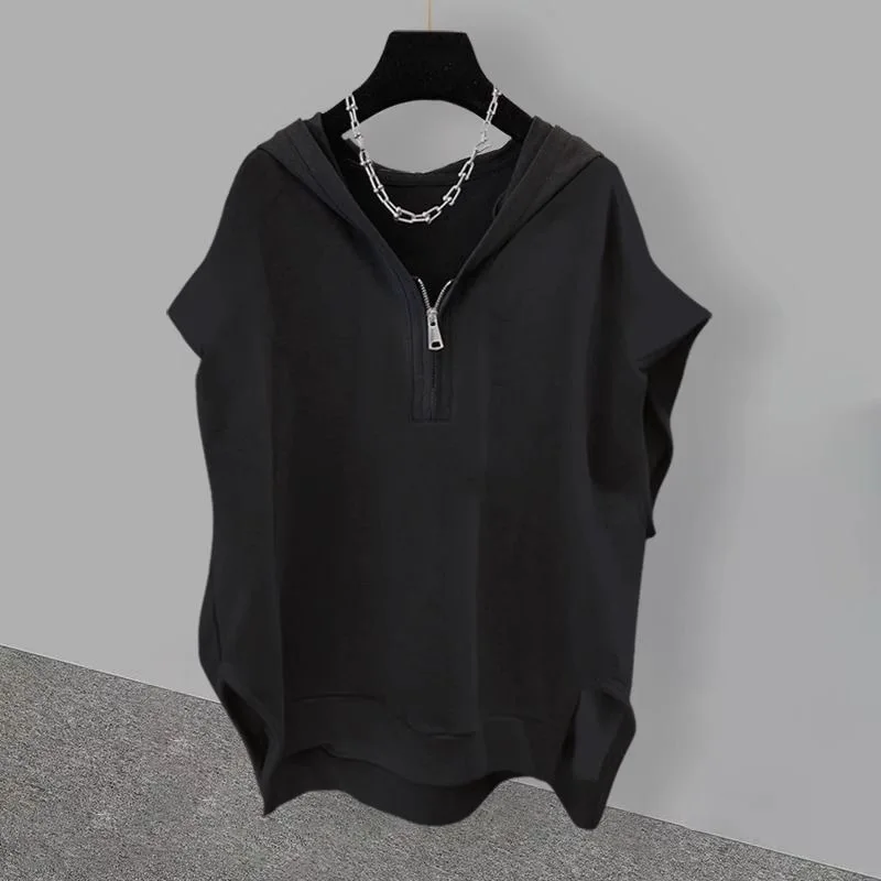 Sleeveless Hooded Sweater for Men and Women Monochromatic Zipper Loose Tank Top Korean Style Summer New Extra Large 150kg 2024