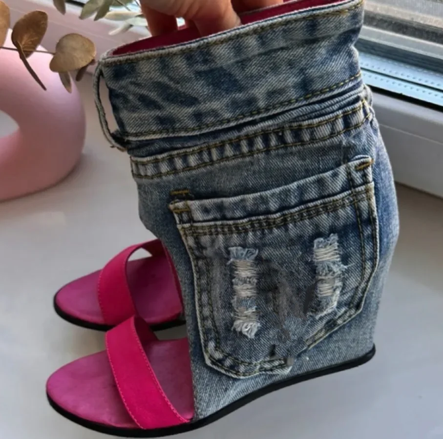Pink blue denim summer ankle boots women's sexy wedges open toe high heels cool luxury pocket luxury designer party sandals