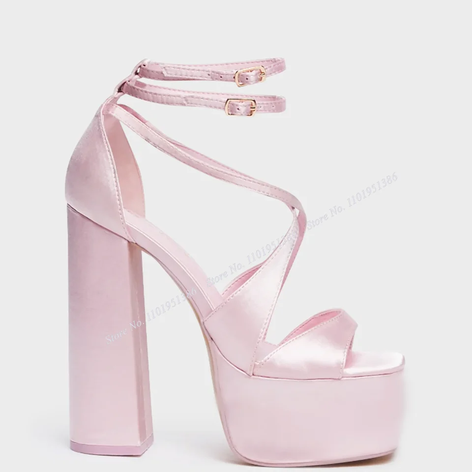 Moraima Snc Pink Silk Platform Sandals Solid Chunky High Heel Shoes for Women Heels Shoes on Heels Zapatillas Mujer