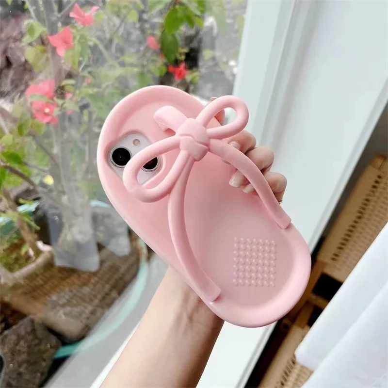 Pink girl bow slippers suitable for iPhone 15, 14, 12, 13 Pro Max 11, cute unique creative button sensitive soft silicone cover