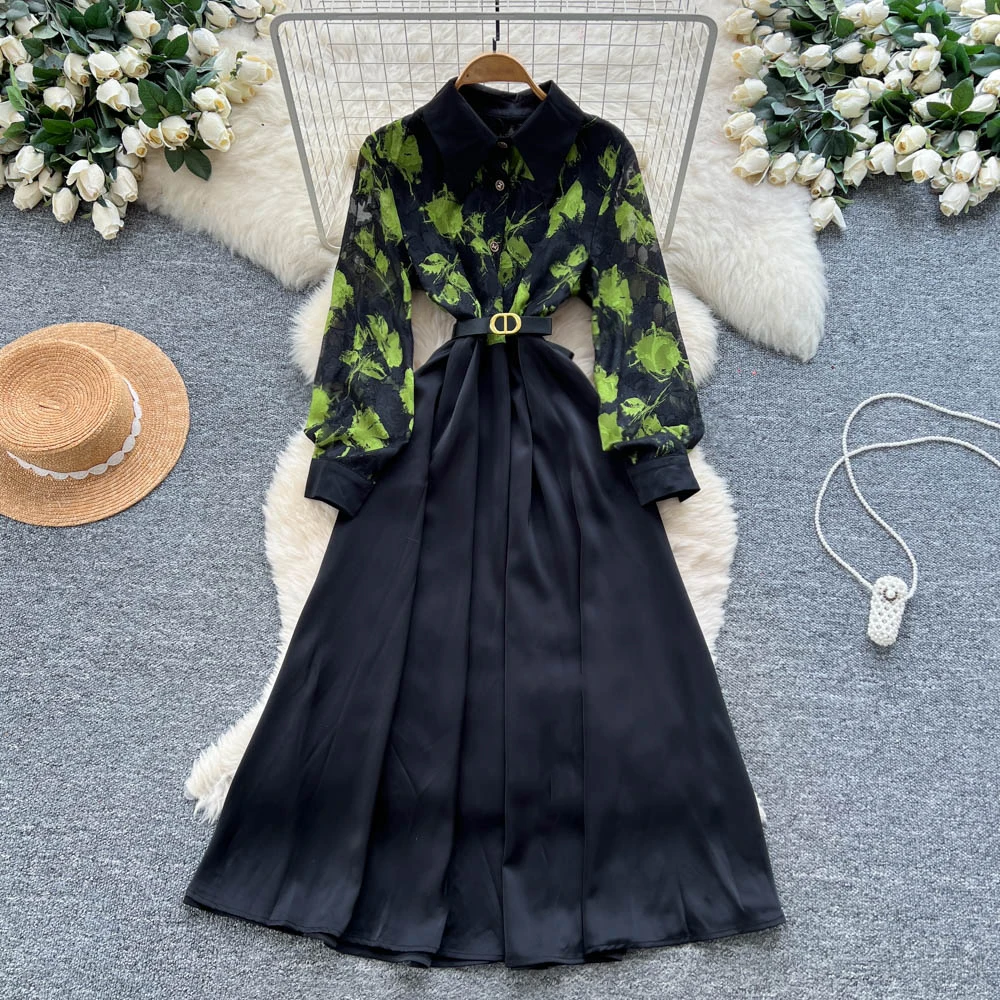 vintage Elegant satin print long sleeve dress Chic Vestidos Women Fashion Retro Party ceremony dresses