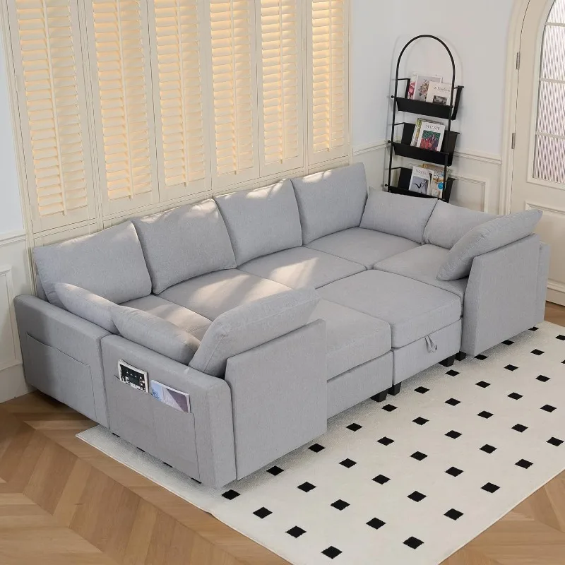 105'' Convertible Sectional Sofa Couch, Sleeper Sofa Linen Fabric Modular Sofa with Removable Pillows