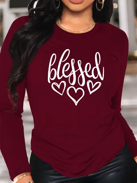 Błogosławione serce T-shirt z okrągłym dekoltem Casualowy długi jesienno-zimowy top damski z długim rękawem luźny wygodny czarny biały